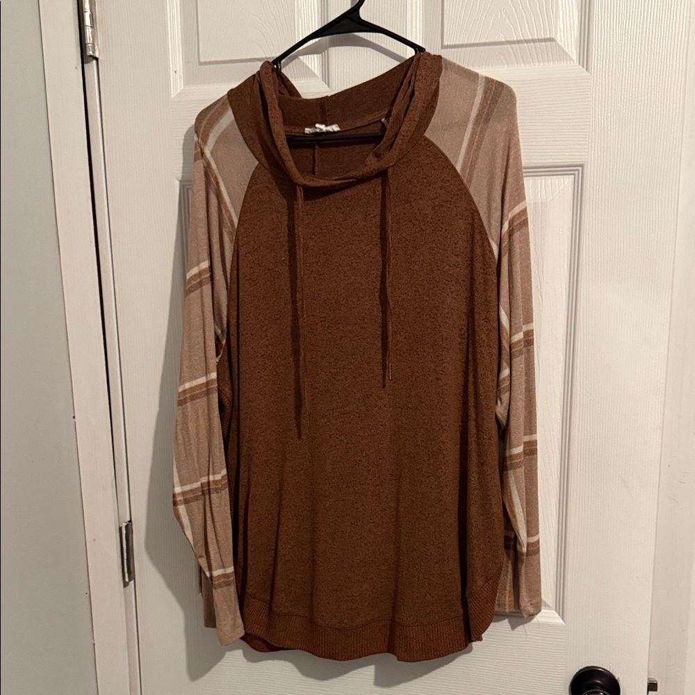 Maurices Brown Cowl Neck Sweater with Plaid Raglan Sleeves